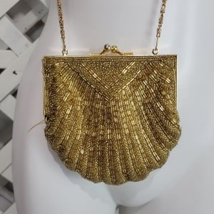 Vintage Warren Reed Mermaid Shell Gold Beaded Evening Bag